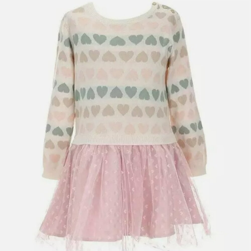 NWT. RARE EDITIONS Girls Printed Sweater Knit Tulle Dress